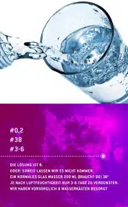 Pouring water into a glass over a white background; purple infographic panel with German text about a solution and quantities.